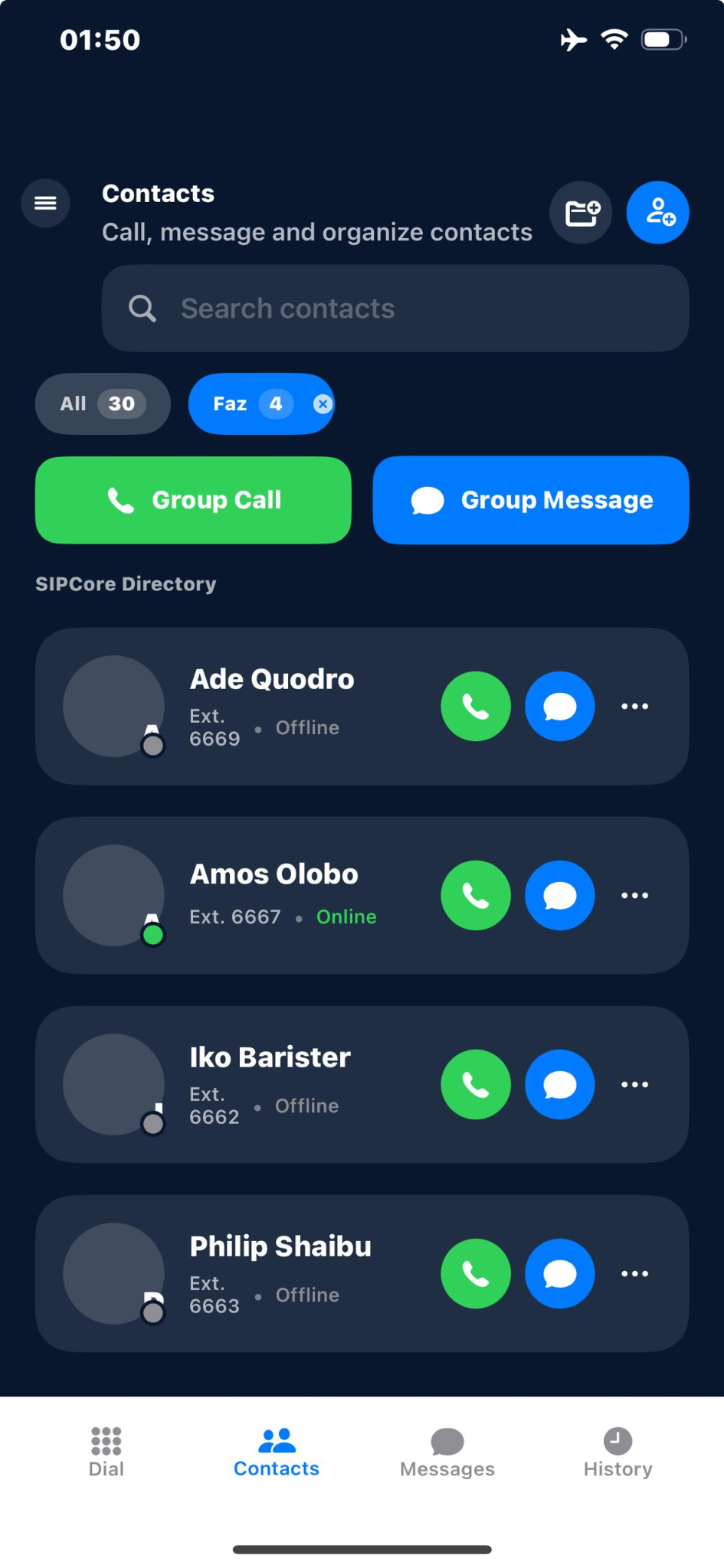 SIPCore contacts screen